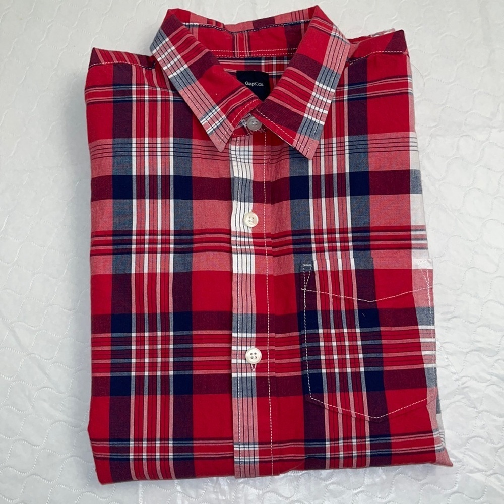 Gap red white blue plaid cotton long sleeve button down shirt XXL 14-16